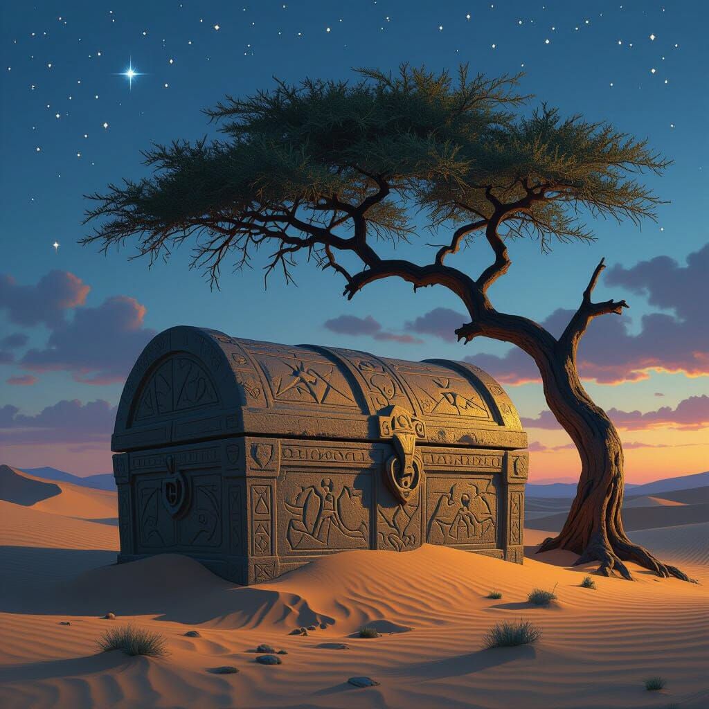 Mystical Desert Chest at Twilight: Epic Fantasy Art