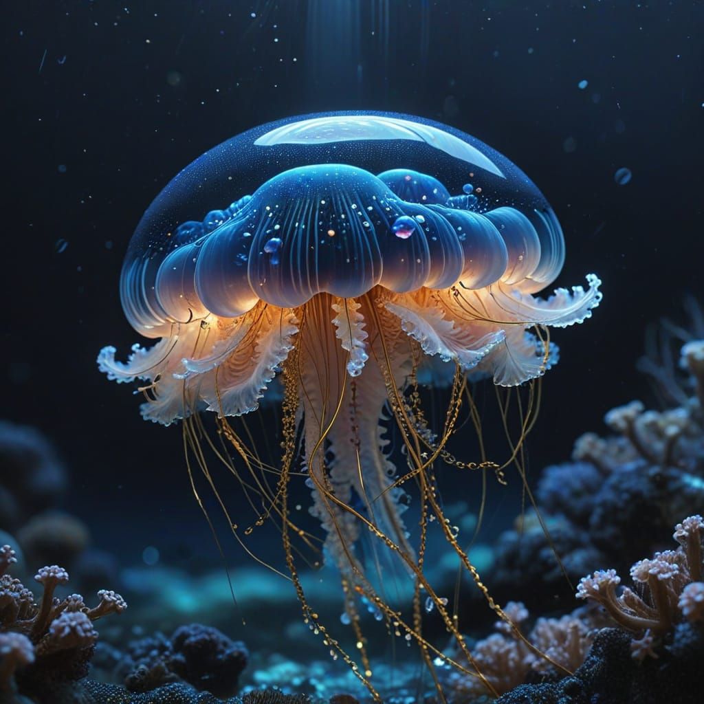 Geisha Jellyfish Floats in Bioluminescent Ocean: Surrealism