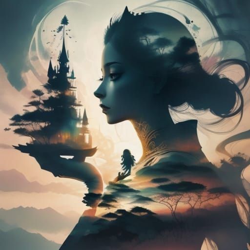 Surreal Portrait of Sarah with Dreamlike Hair and Tattoos