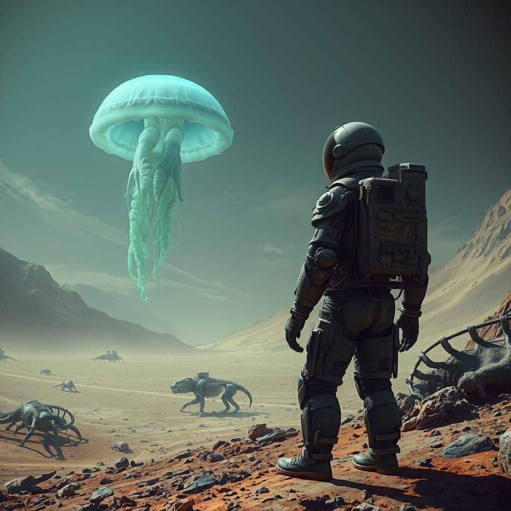 Cyborg Astronaut and Bioluminescent Jellyfish on Alien Plane...