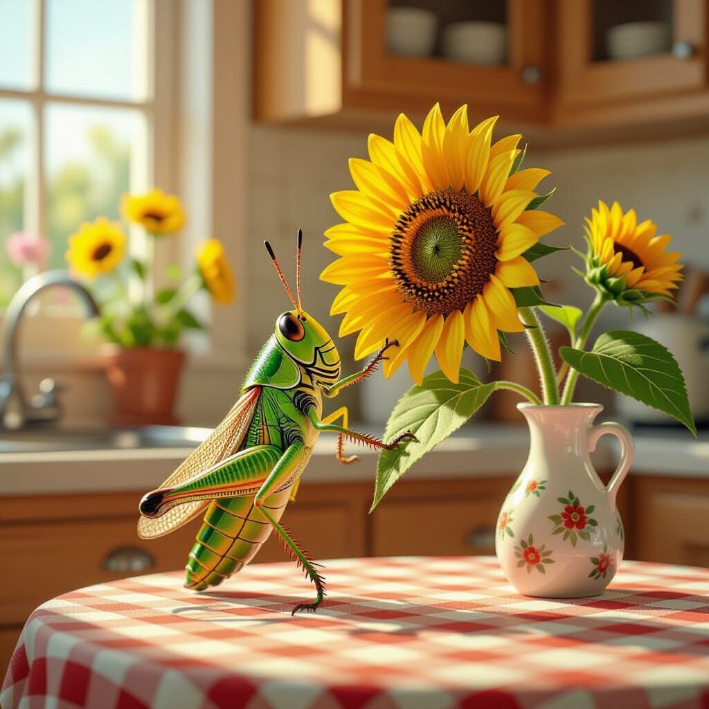 Grasshopper Climbing Sunflower in Hyperrealistic Style