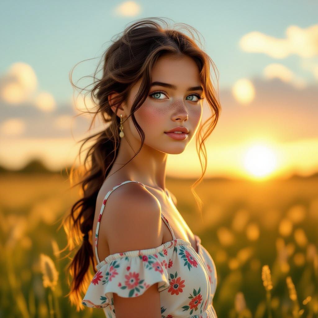 Blue-Eyed Girl in Meadow: Hyperrealistic Cinematic Portrait