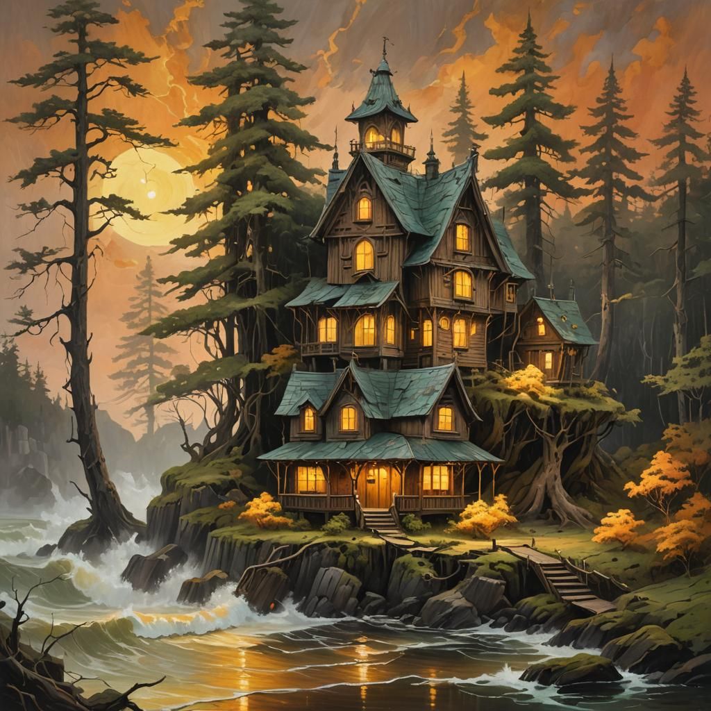 Ethereal Haunted House Landscape: Oil on Canvas
