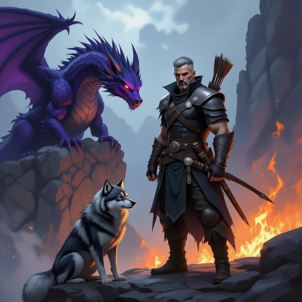 Rogue and Wolf Confront Fiery Dragon in Dark Fantasy Art