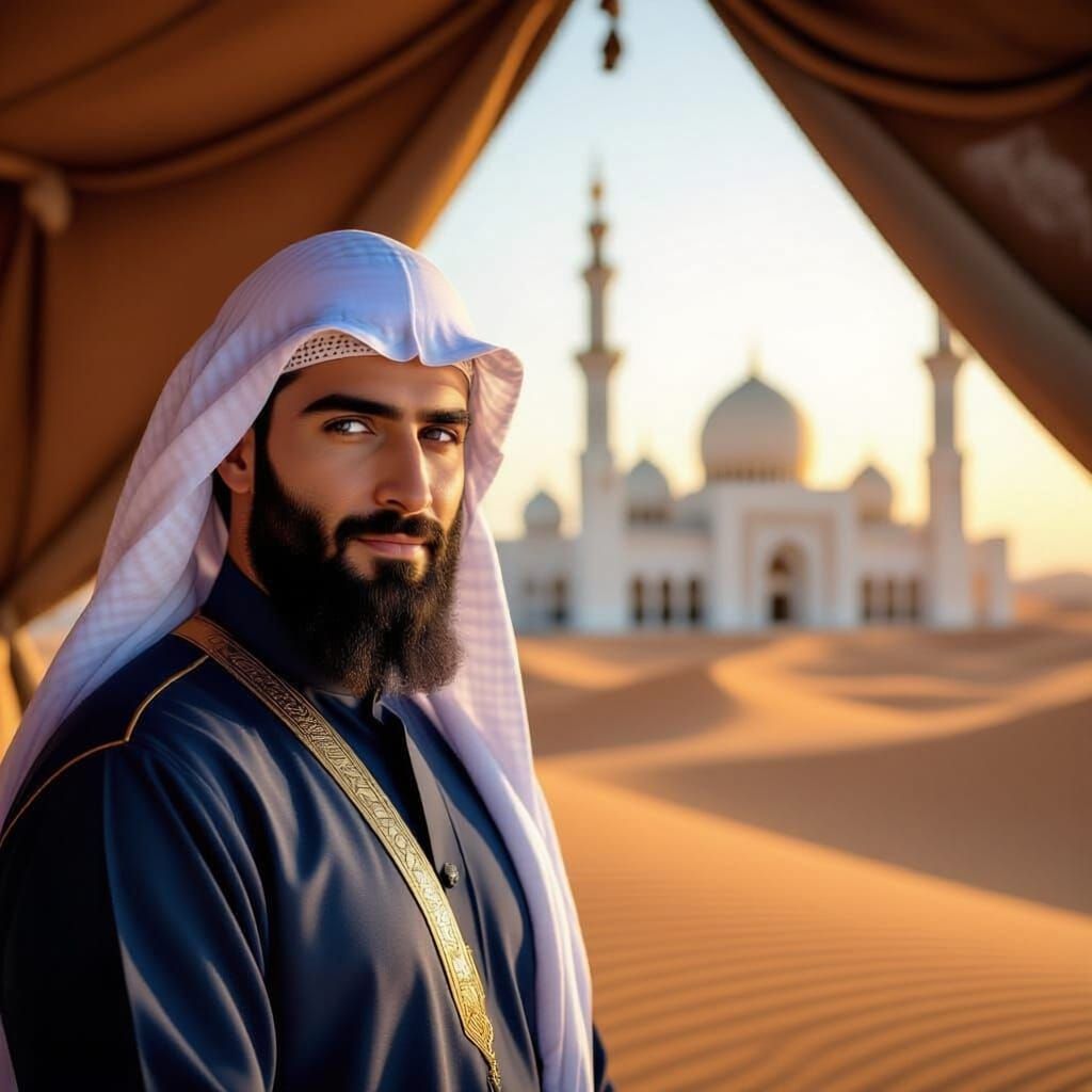 Saudi Man in Desert Tent with Mosque Background