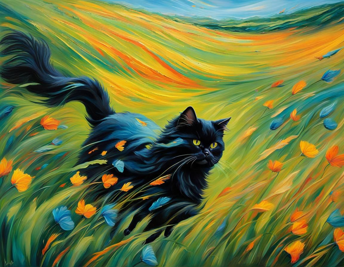 Dynamic Black Cat Pounce: Expressionist Impasto Painting