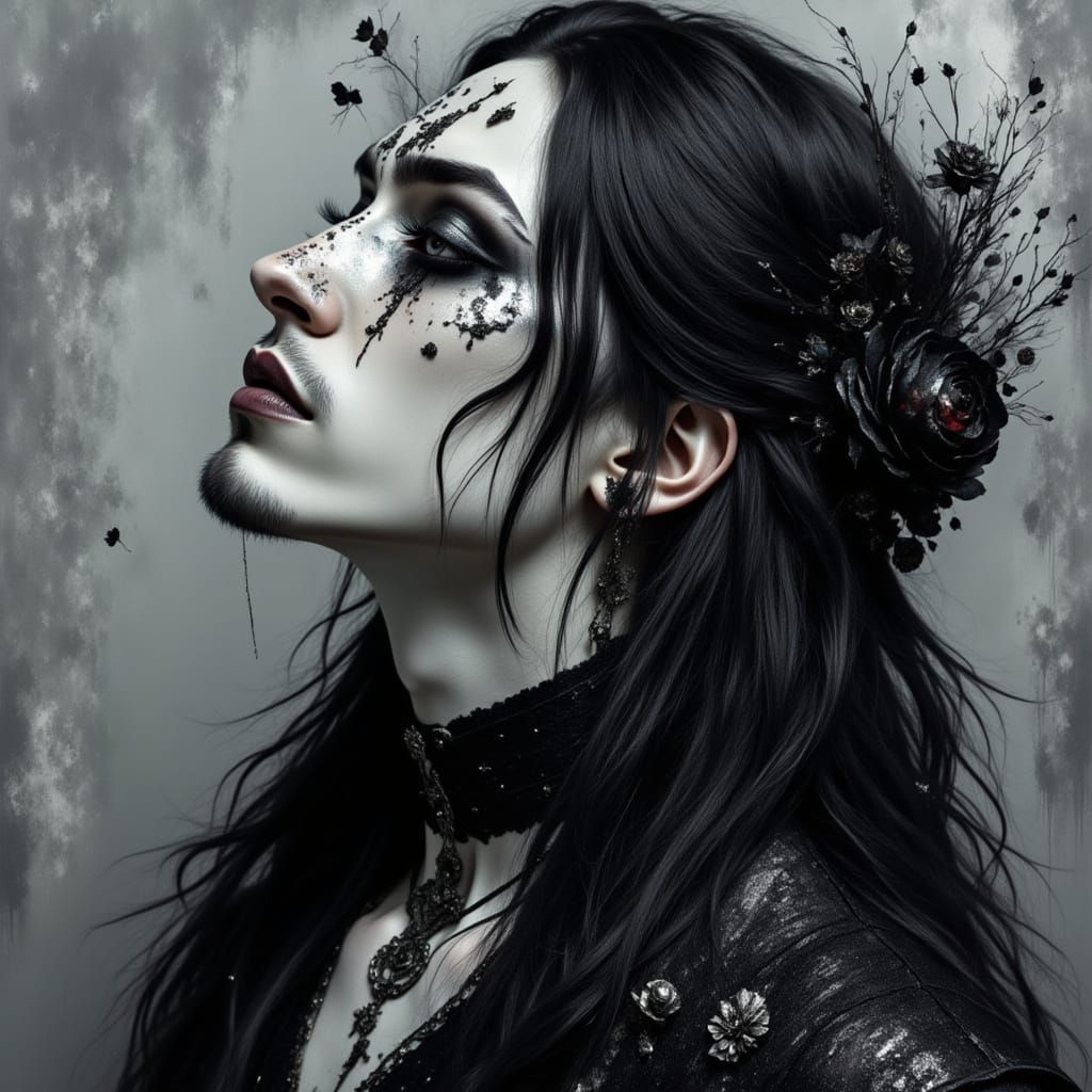 Gothic Metalhead with Metallic Flowers: Oil Painting