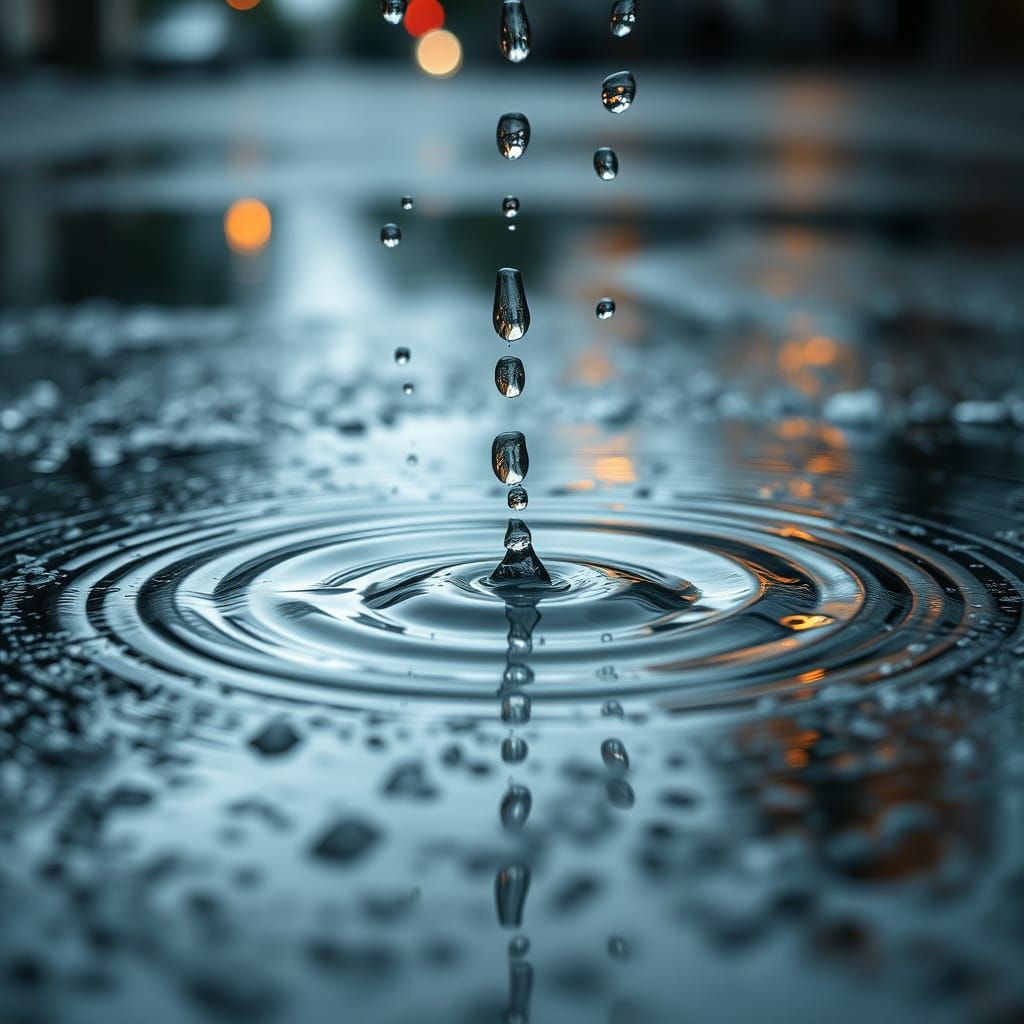 Raindrops on Wet Asphalt in Moody Light