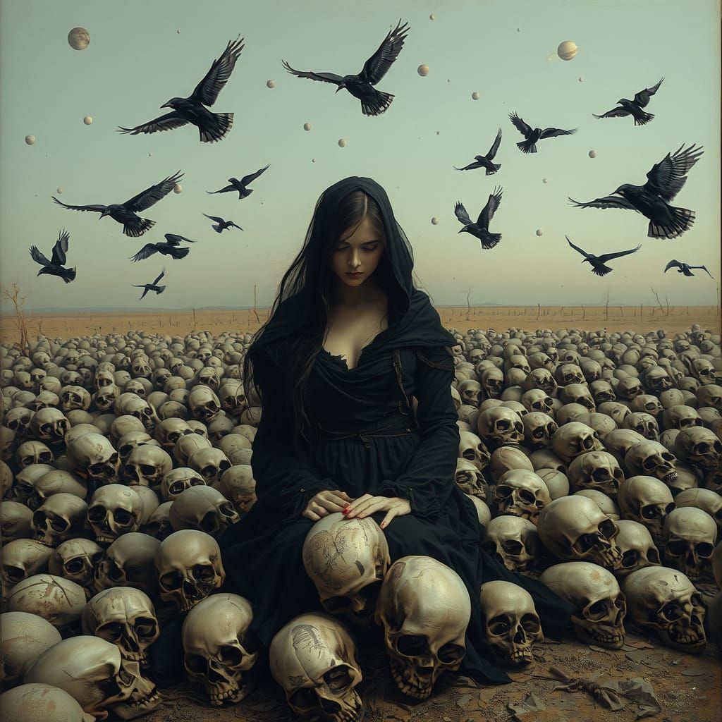 Mourning Woman Finds Solace Among Skulls in Barren Landscape