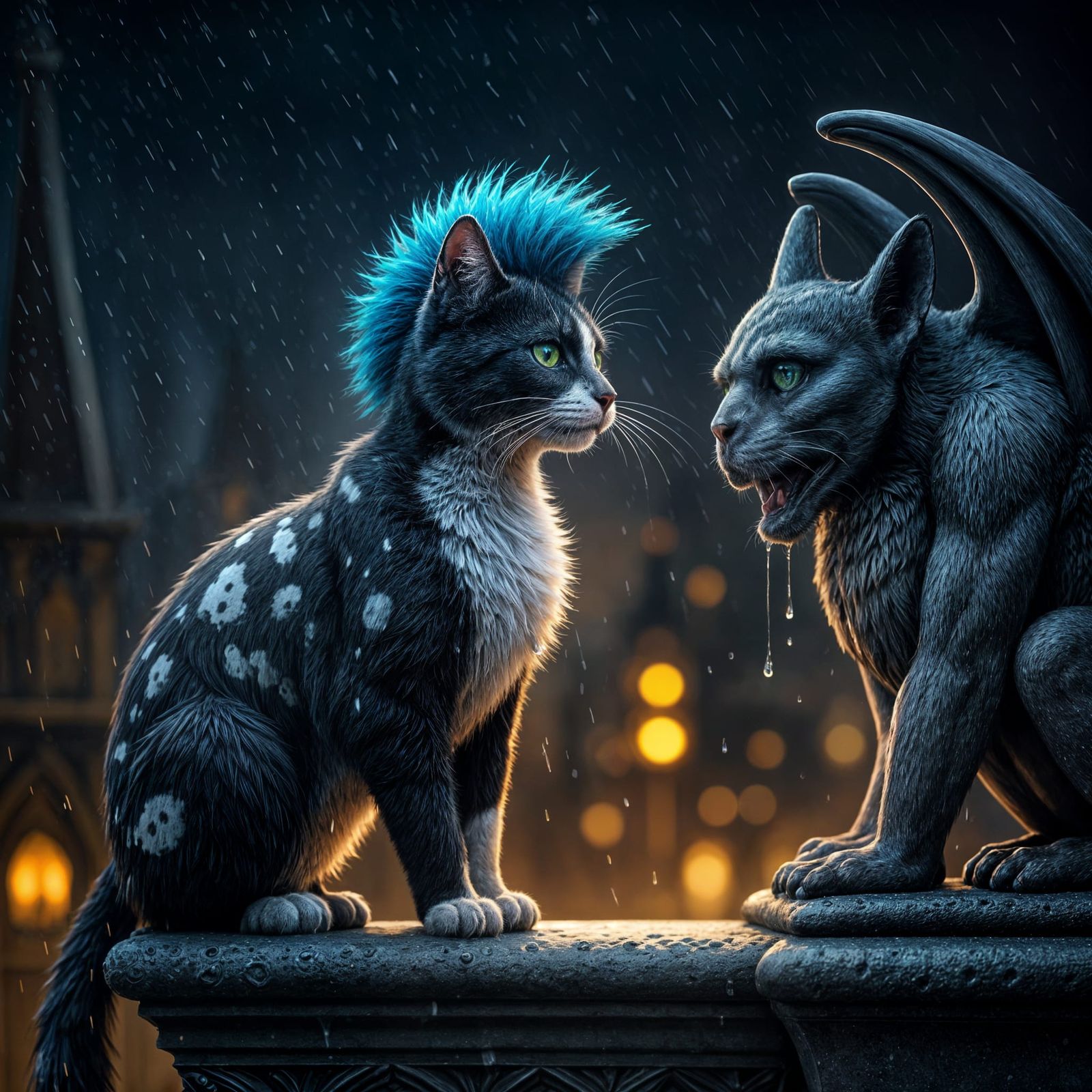 Gothic Cat on Rooftop in Dramatic Chiaroscuro Lighting