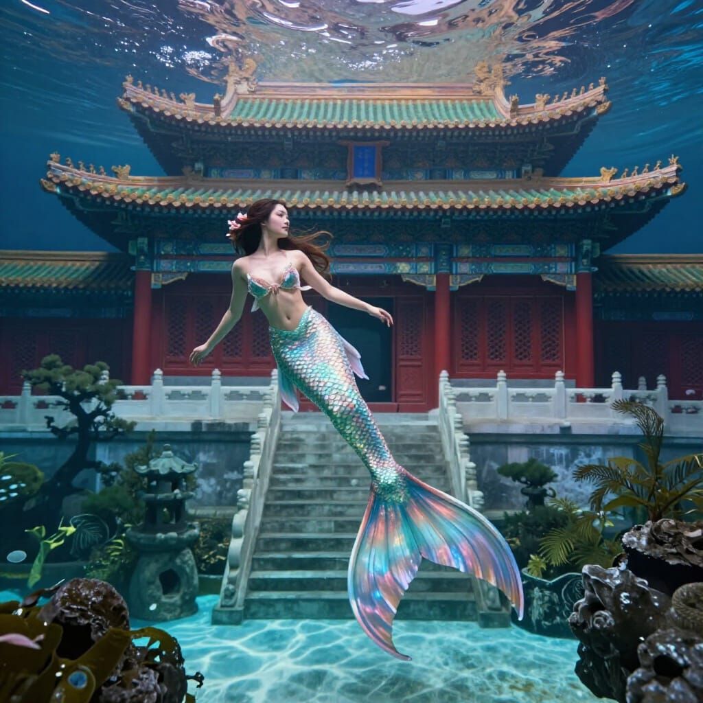 Chinese Mermaid Swims Gracefully in Ancient Underwater Palac...