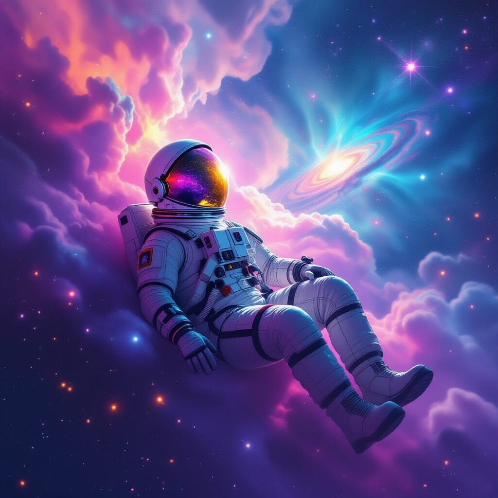 Astronaut Drifting in Iridescent Nebula