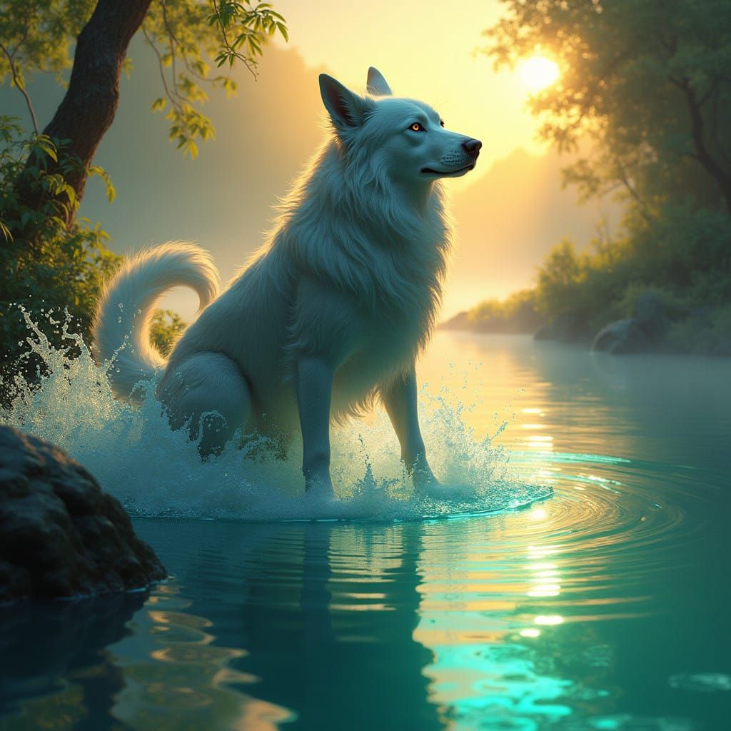Majestic Water Dog Amidst Iridescent Lake and Lush Foliage i...