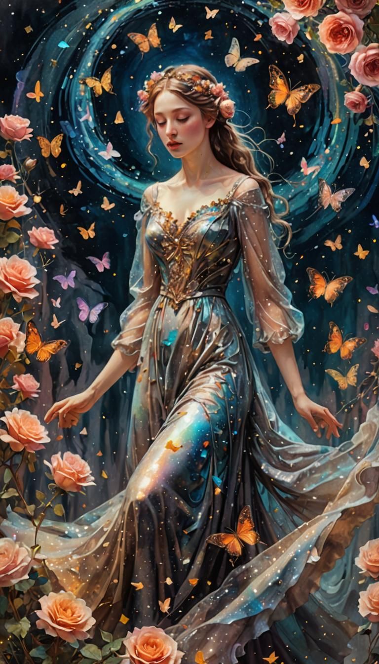 Ethereal Woman with Roses: A Gothic Romantic Illustration