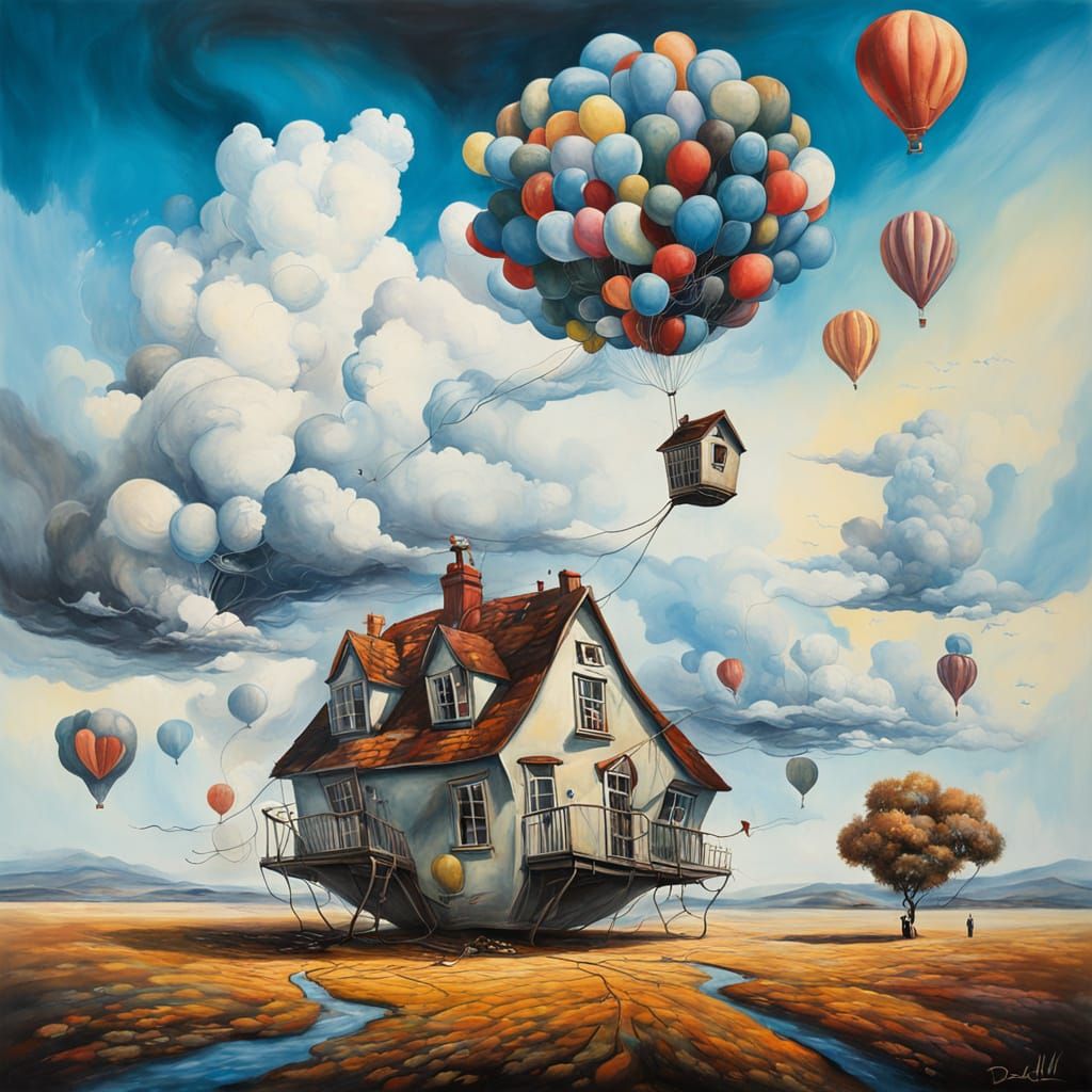 House Carried by Balloons in Surreal Landscape