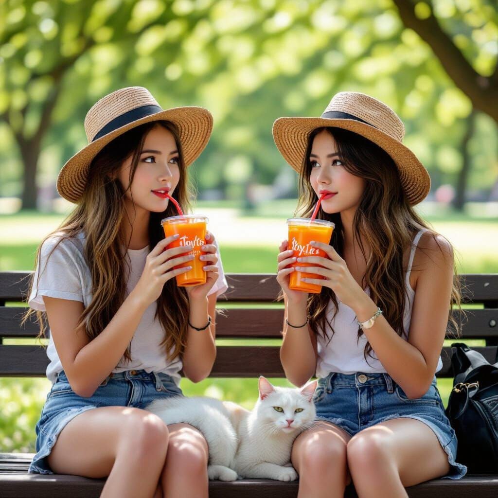 Teen Girls Drinking Bubble Tea in Park, Photorealistic Style