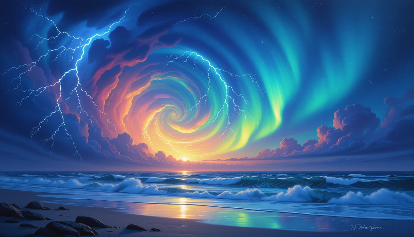 Surreal Sky: Lightning Storm Meets Northern Lights
