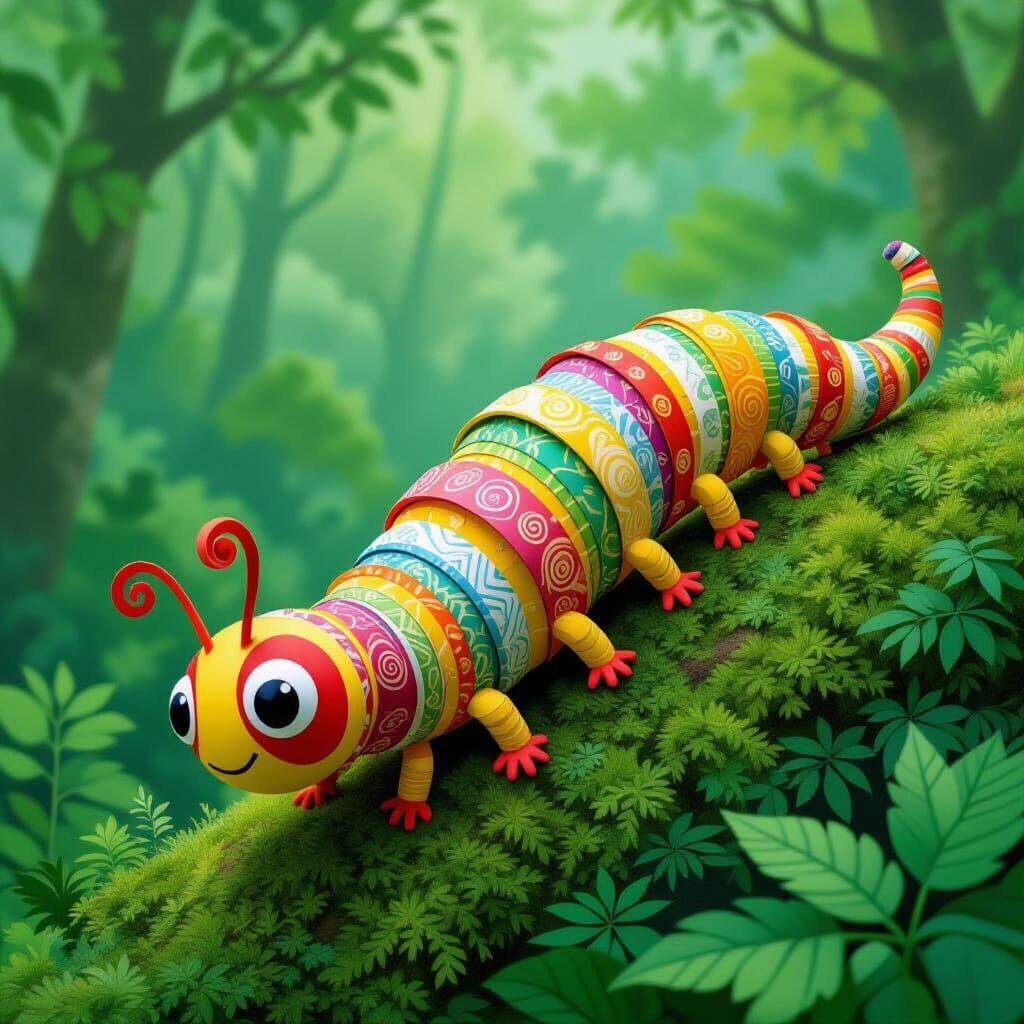 Paper Caterpillar Crawls Through Lush Green Forest Scene
