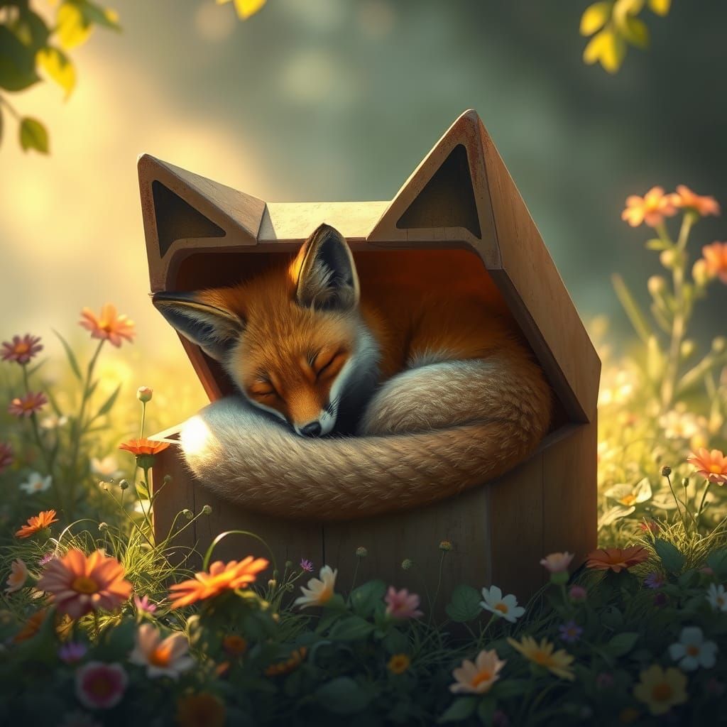 Whimsical Fox in a Fox-Shaped Box, with Golden Light and Lus...
