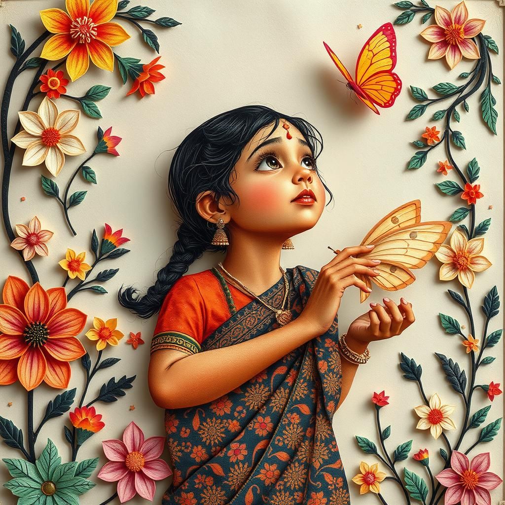 Intricate Nakshi Kantha Art: Girl with Paper Wings