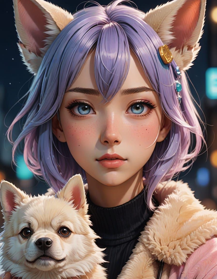Anime-Style Moe Dog Woman with Her Faithful Companion