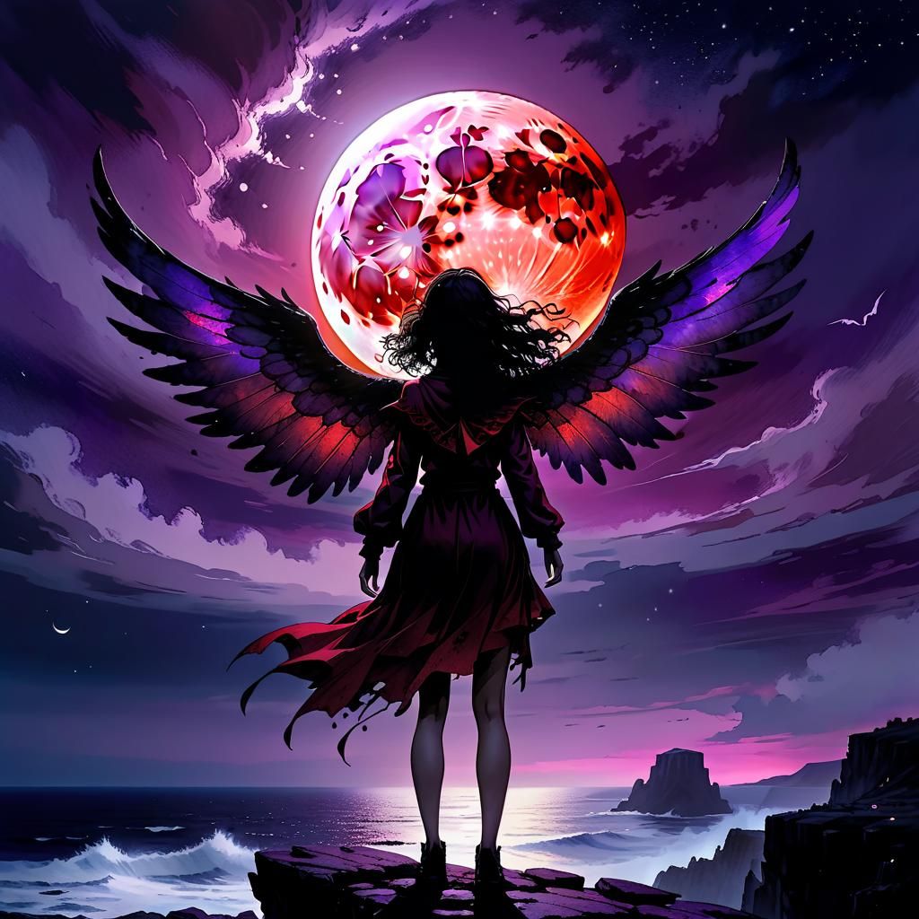 Winged Girl Silhouette Under Blood Moon, Watercolor Illustra...