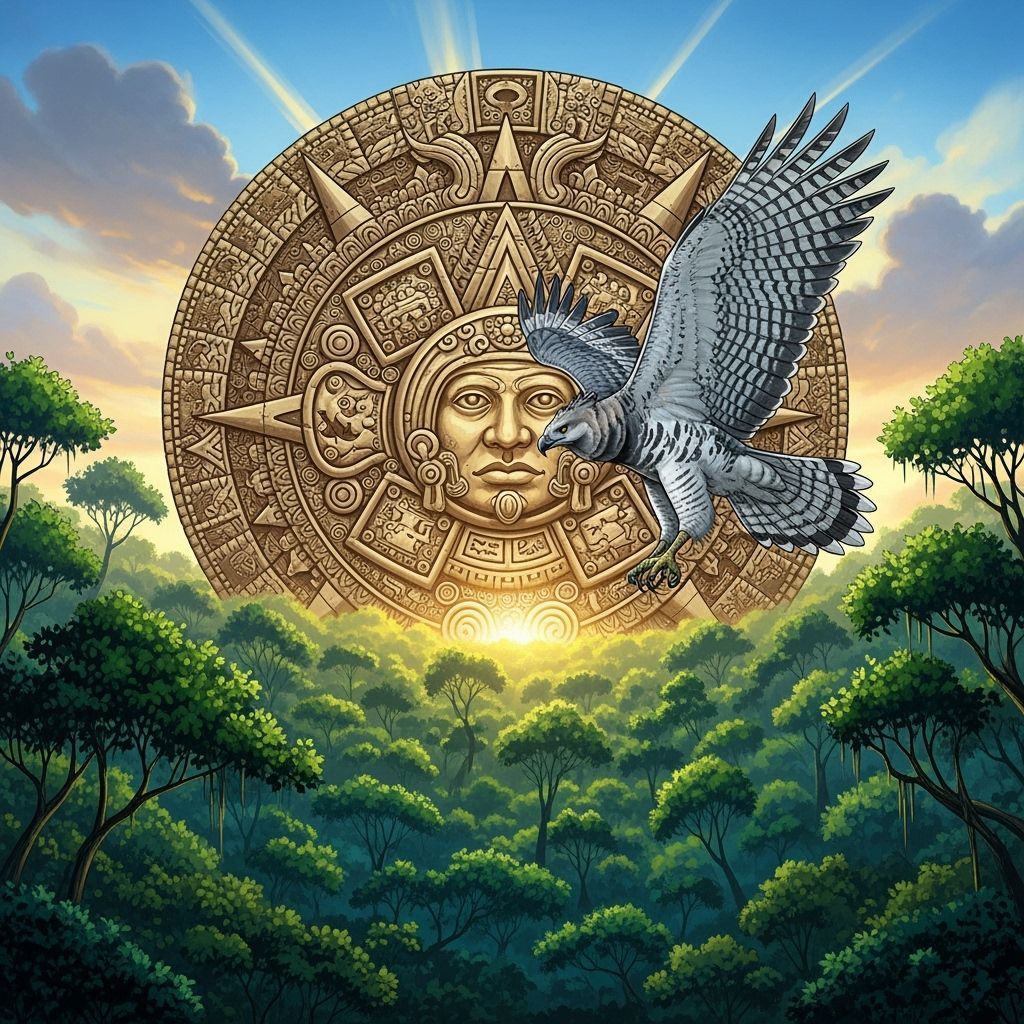 Harpy Eagle Flies Past Aztec Sun Disk at Mystical Dawn