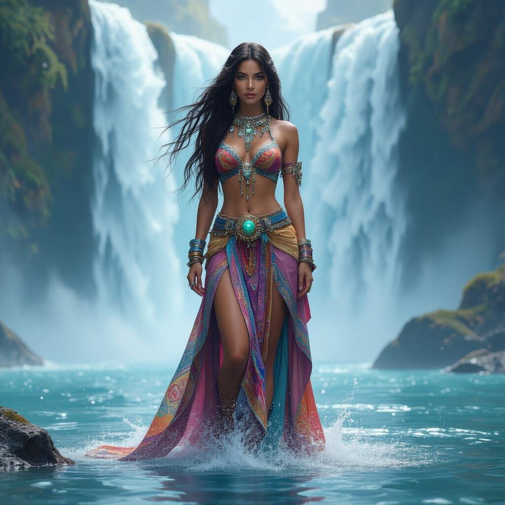 Woman at Waterfall with Futuristic Jewelry
