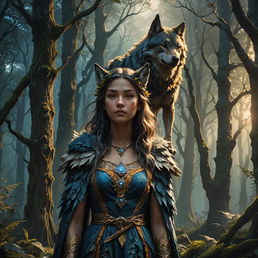 Girl in Wolf Dress: Mystical Forest Fantasy Art