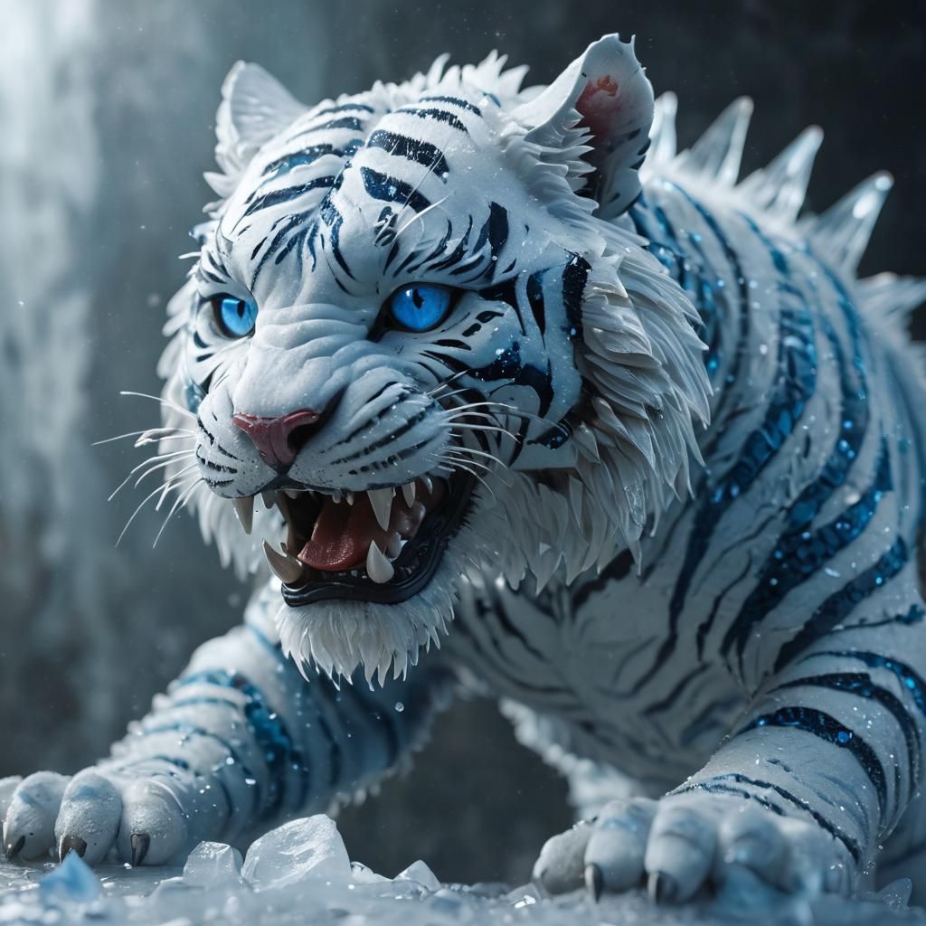close up of a blue white chibi tiger+monster made of ice; ic...