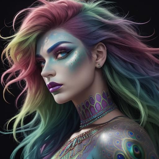 Rainbow Woman with Peacock Feathers: Splash Art Portrait
