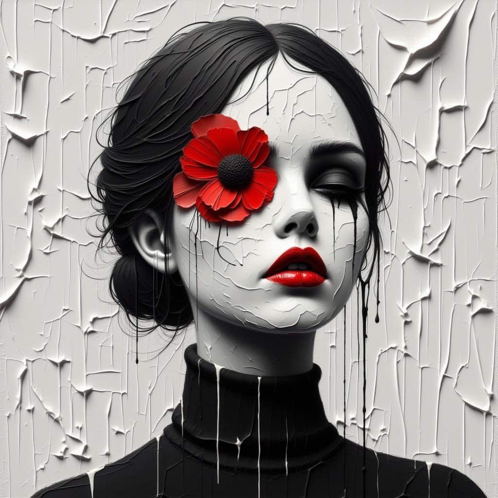 Cracked Porcelain Woman with Poppy, Digital Art