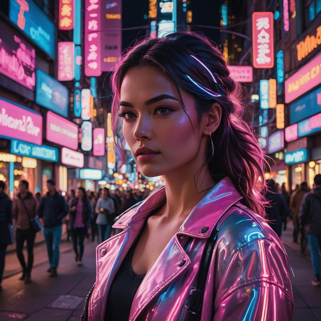 Neon-Lit Woman in Bustling City Nightscape