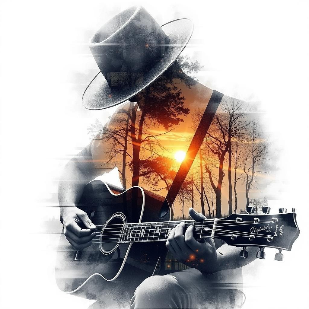 Surreal Double Exposure: Transparent Guitarist at Sunset