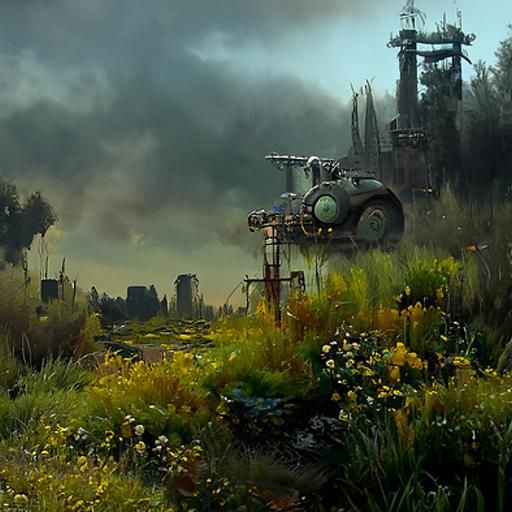 Post-Apocalyptic Garden Ruins in Dieselpunk Style