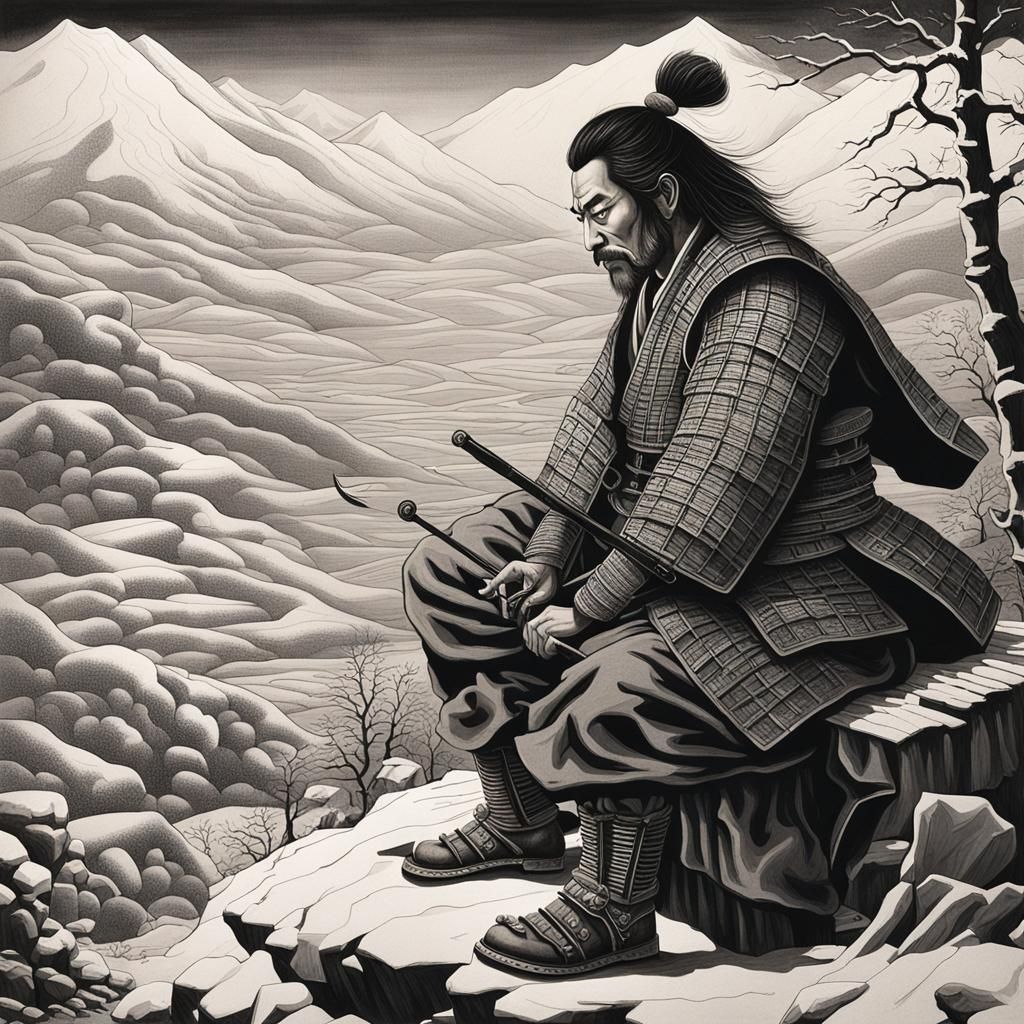 surreal extremely detaild samurai sitting by a fire place 
s...