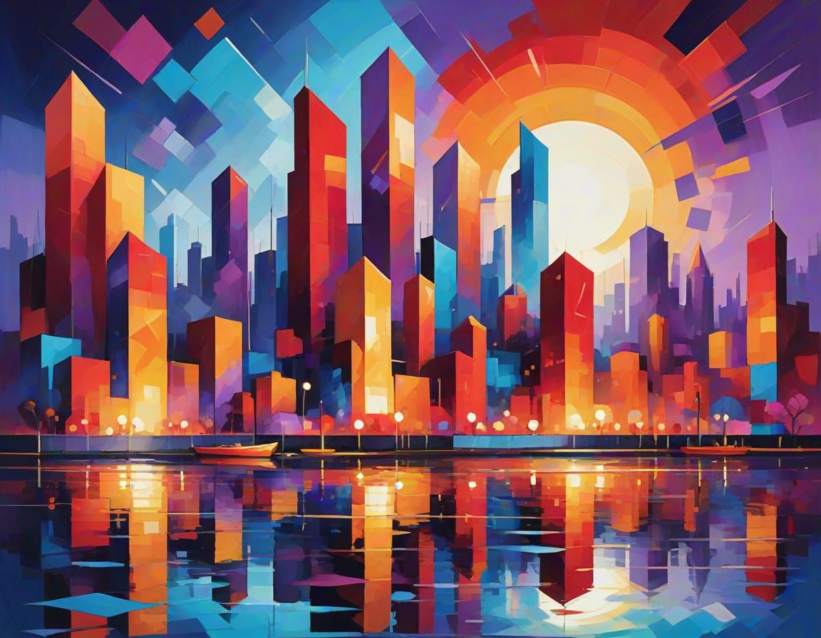 Vibrant Cityscape at Dusk in Dynamic Cubist Impressionism