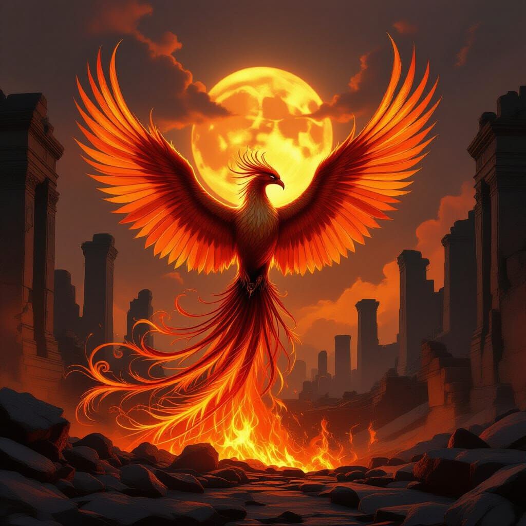 Majestic Phoenix Rises from Ruins in Fiery Gold and Crimson