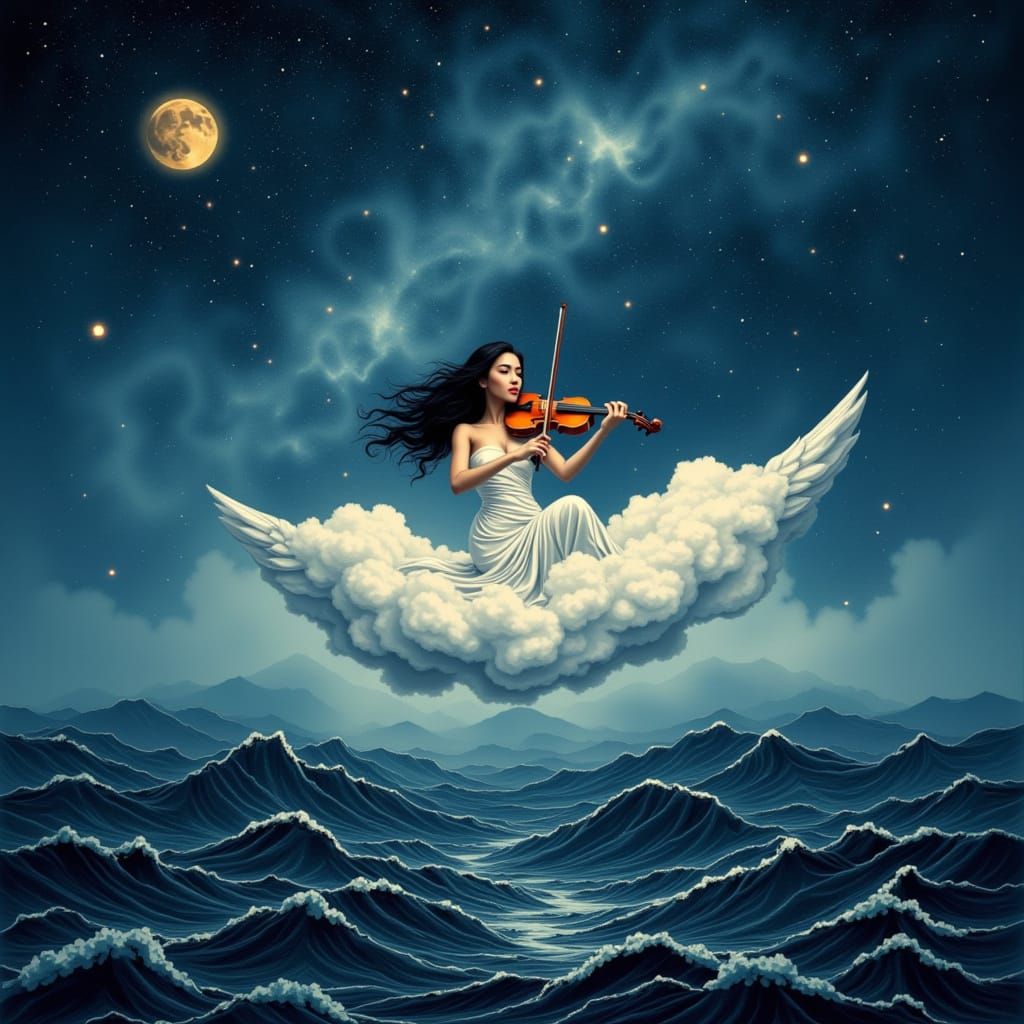 Ethereal Woman Playing Violin in Dreamy Nightscape