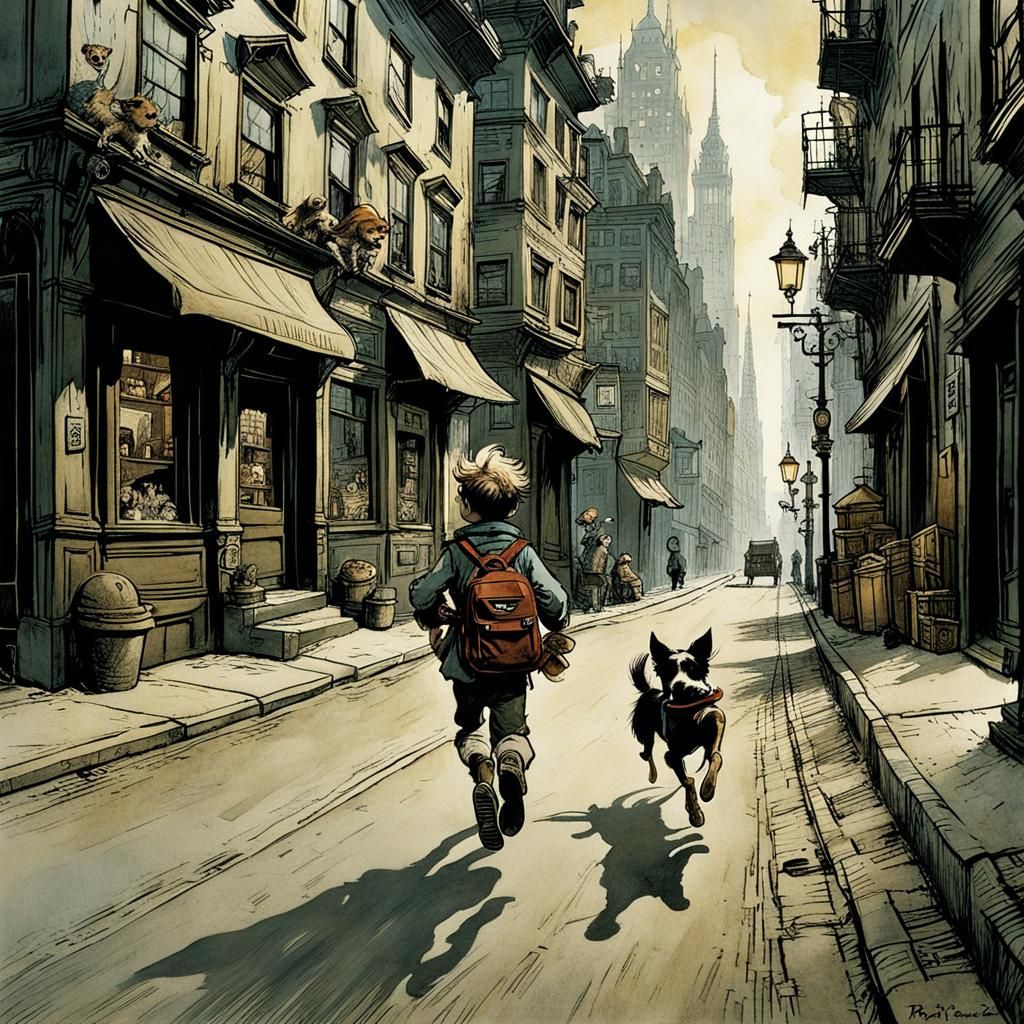 Boy and Dog's City Adventure: Golden Age Illustration