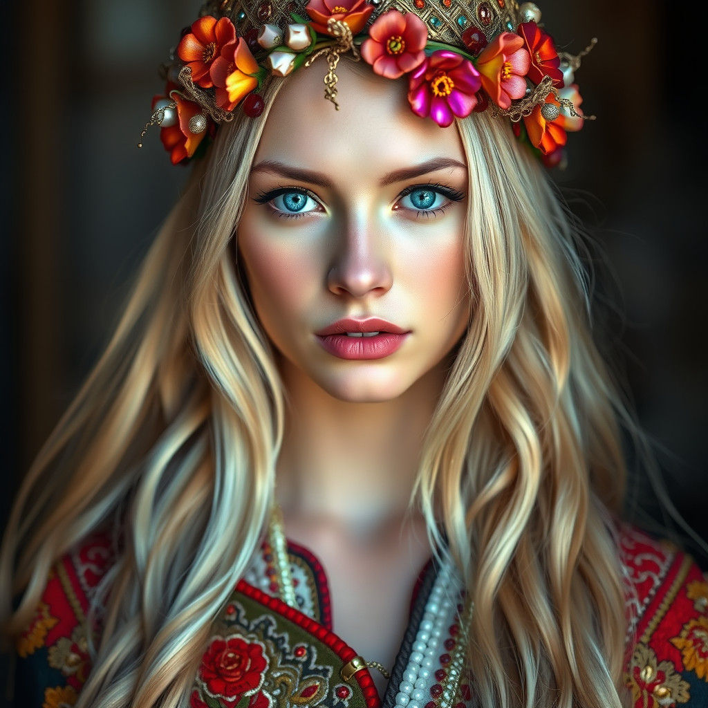 Slavic Woman with Futuristic Flowers, Hyperrealistic Portrai...