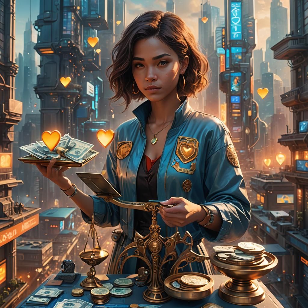Woman Holding Scales in Futuristic City, Fantasy Art