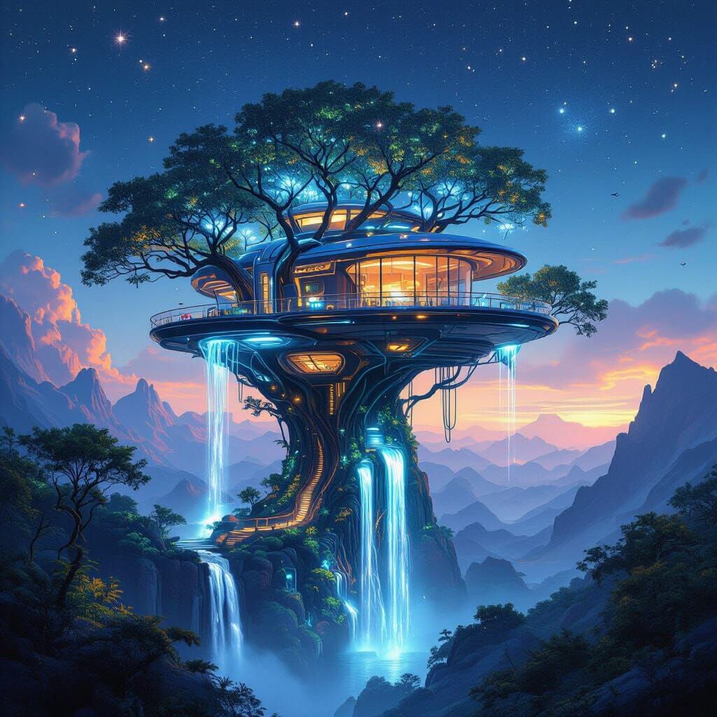 Futuristic Treehouse Amidst Alien Mountains