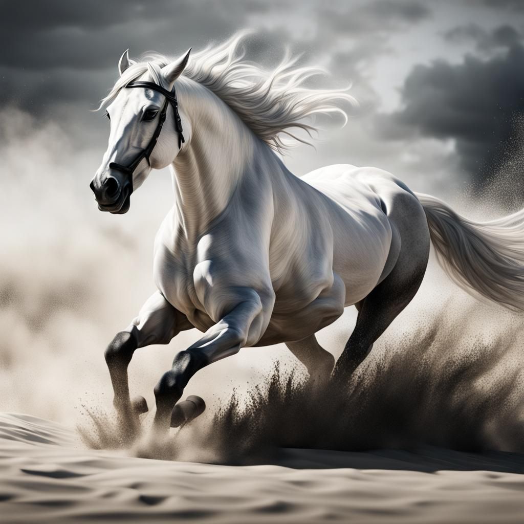 Stunning close up photography artwork of a white horse runni...