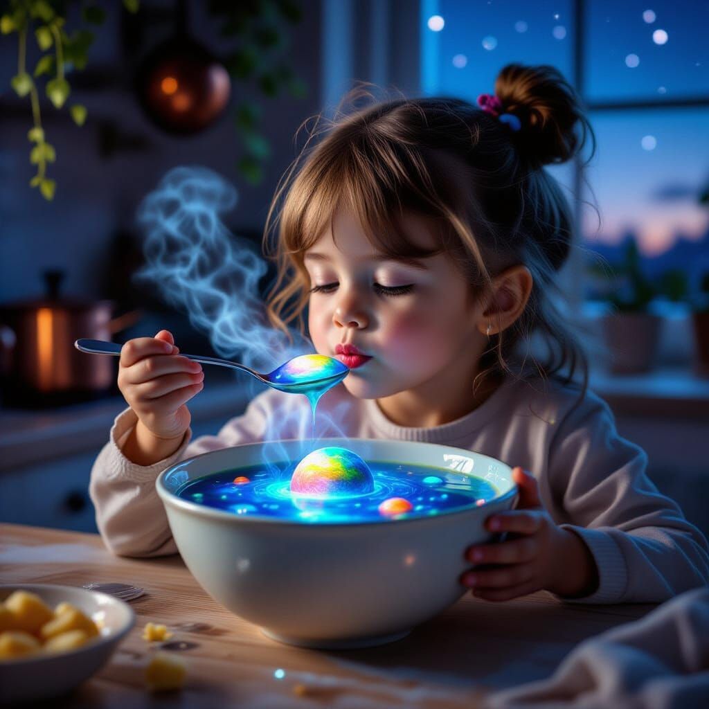 Girl Blows on Cosmic Soup in Dreamy Kitchen