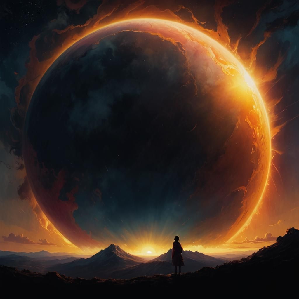 Hyperrealistic Portrait of Woman Gazing at Sun Eclipse