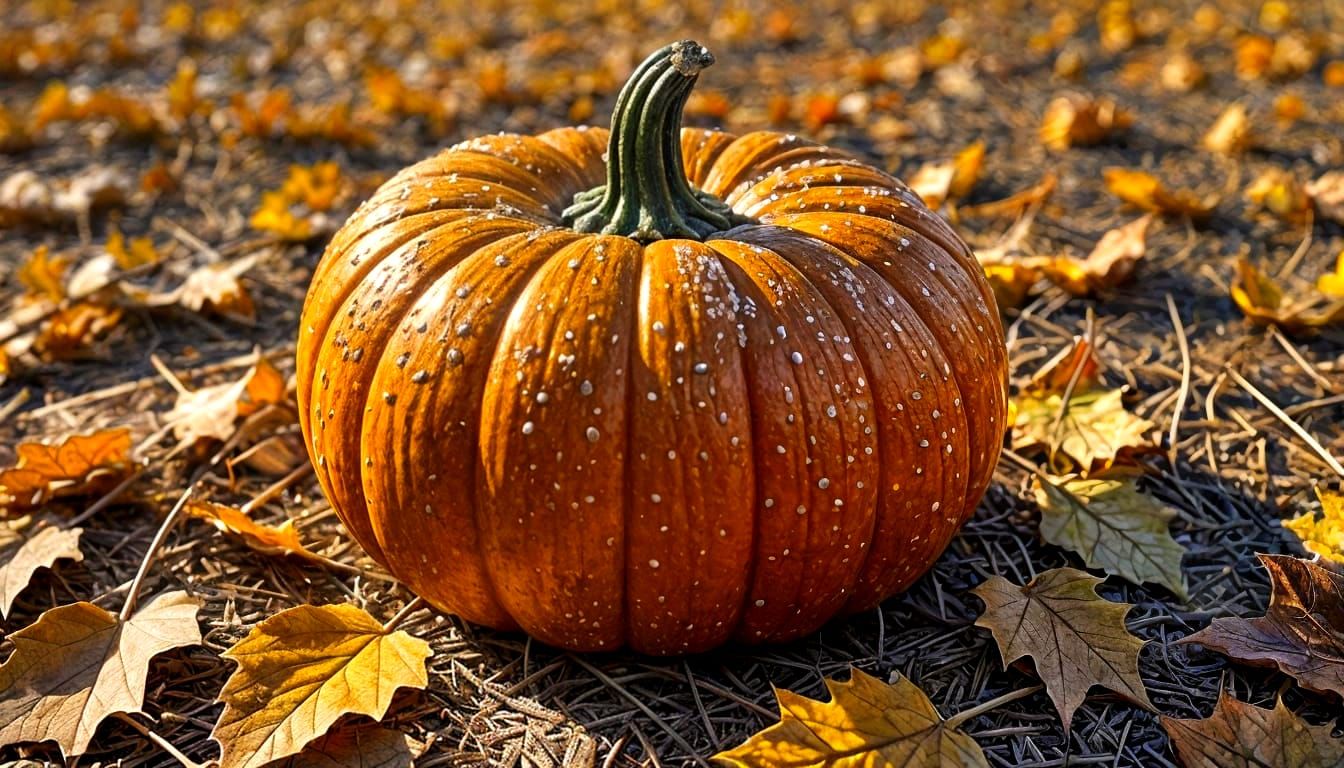 Autumn Harvest Macro: Frosty Pumpkin and Fallen Leaves