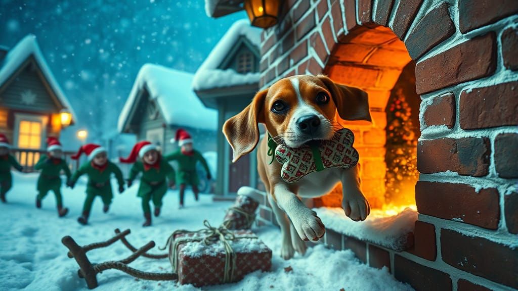 A cute beagle dashes through a brick wall of Santa's workshop carrying a small wrapped bone-shaped gift in her mouth, le...