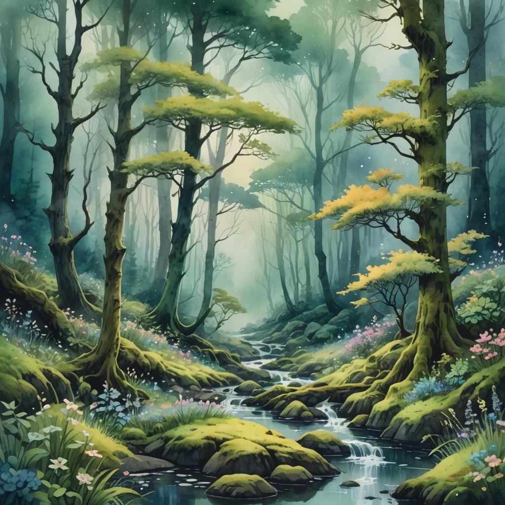 Watercolor Fantasy Landscape with Flowers and Moss