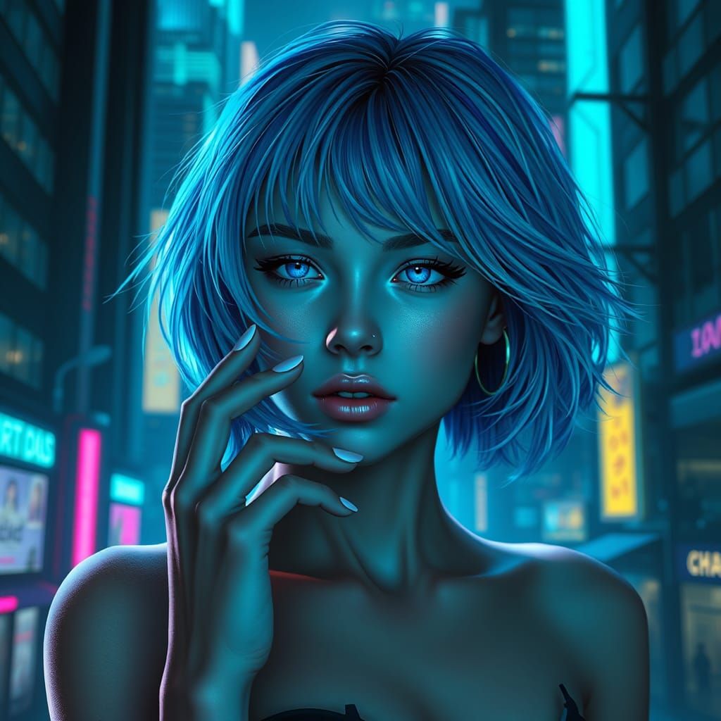 Cyberpunk Woman with Neon Highlights in Cityscape